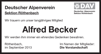 Traueranzeige von Alfred Becker von Pegnitz-Zeitung